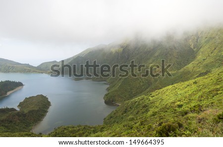 Foggy lake in a volcanic crater in the Azores