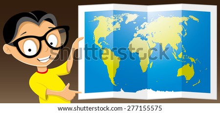 Vector illustration. Teen shows a map of the world
