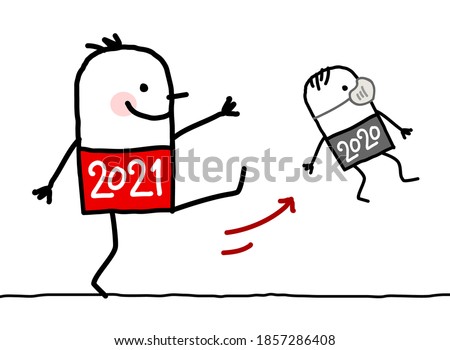 Hand drawn Cartoon Big 2021 Man Kicking Out a Small 2020 with Mask