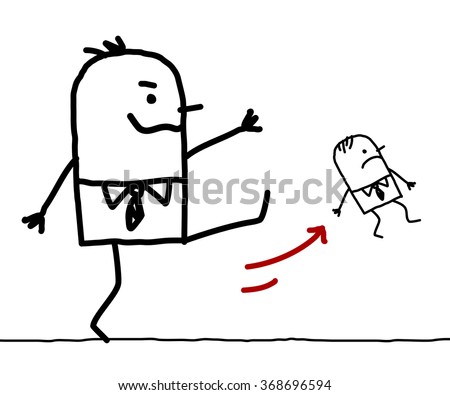 cartoon big businessman kicking out a small man