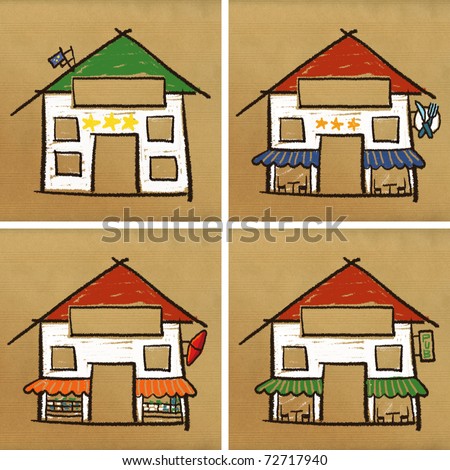 four hand drawn houses on brown paper - service