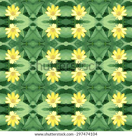 Spring or summer season watercolor nature seamless background with leaves and flowers