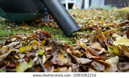In autumn there is a man with a leaf vacuum cleaner in the garden. Close up of how the device sucks leaves.  Stockfoto © 