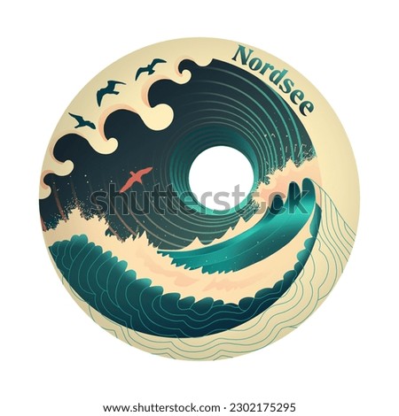 Stylized waves with sea spray. Seagulls circling over the water. Beautiful detailed hand painted illustration as vector. Vintage style. German text: North Sea.