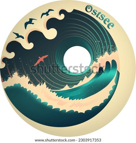 Stylized waves with sea spray. Seagulls circling over the water. Beautiful detailed hand painted illustration as vector. Vintage style. German text: East Sea.