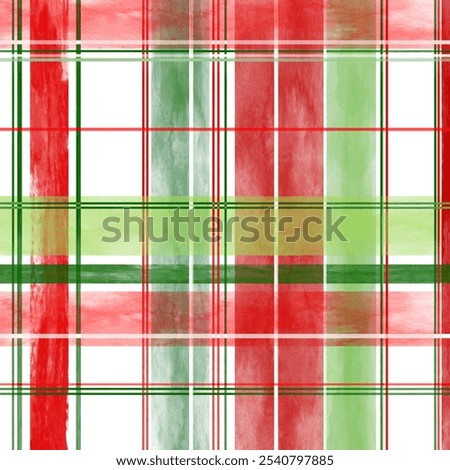 Tartan vector red, green and white textured in watercolor look. Plaid tartan endless pattern.