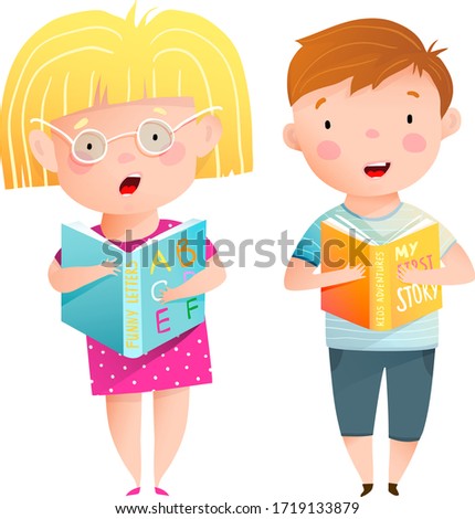 Smart little kids reading book aloud standing together. Cute children study to read, hold ABC books, read with mouth open, wear glasses. Funny educational school or kindergarten vector cartoon.