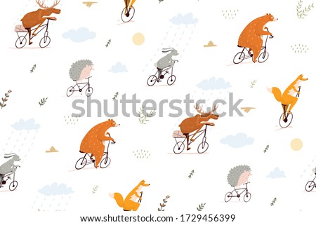 Forest animals riding bicycles seamless pattern kids background. Bear, wolf, rabbit, moose, hedgehog and fox cycling, traveling and racing wild animals design for kids. Vector flat nursery art.