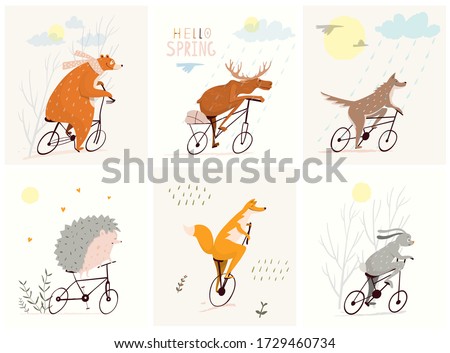 Cute animals riding bicycles, bear, fox, bunny, hedgehog and moose enjoying a ride. Clipart wild animals characters cycling design for kids. Vector flat nursery art.