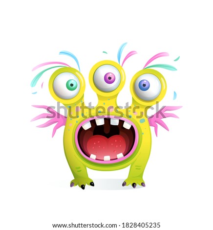 Crazy funny monster creature for kids with three eyes and wings, screaming mouth wide open with teeth. Vector 3d style cartoon for children.