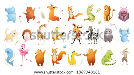 Wild baby animals big clipart collection of wildlife illustration. Safari animals and pets for kids design, vector cartoon bundle.