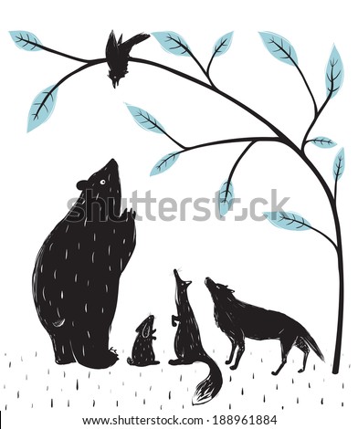 Forest Animals News Meeting. Bear fox wolf rabbit crow illustration in black. Vector EPS8.