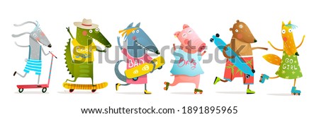 Cool baby animals for kids skating with roller blades and skateboard or longboard. Fun cartoon design for children with many cool animals doing board sports. Vector cartoon illustration collection.