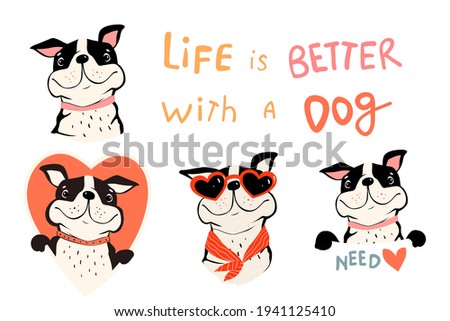 Collection of cute dogs, french bulldog or pug with quote and holding sign. Pet lovers symbols with Heart shapes. Fun Vector clipart in simple flat style for dog lovers.