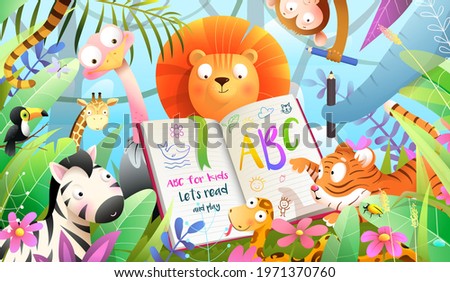 African animals in jungle reading ABC book and learning to write. Forest animals literature and education class, adorable kids animals studying how to read. Vector illustration in watercolor style.