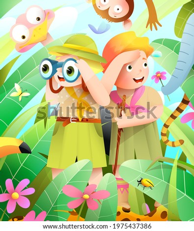 Girl and Boy scout kids in African jungle adventure, little explorers hiking expedition. Jungle animals hiding from scouts in forest, help them find the tiger. Watercolor style kids vector cartoon.