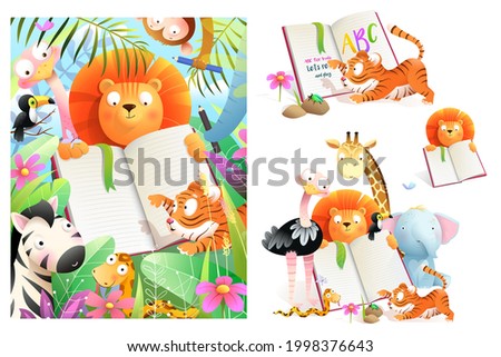 Collection of kids zoo animals studying to read book and write at school. Children library or classroom poster and clipart collection of reading animals. Vector cartoon illustration.