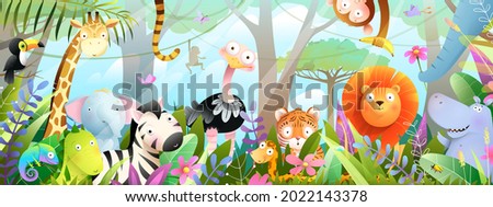 Kids animals in jungle cute friends in the wild tropical forest. Many adorable safari or zoo animals in nature. Horizontal panorama for kids and children, vector art illustration.