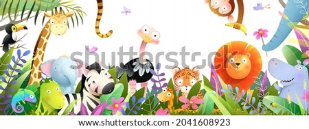 Jungle animals frame design for kids, African baby zoo banner in tropical forest. Many adorable safari or zoo animals in nature. Horizontal panorama for kids and children, vector art illustration.