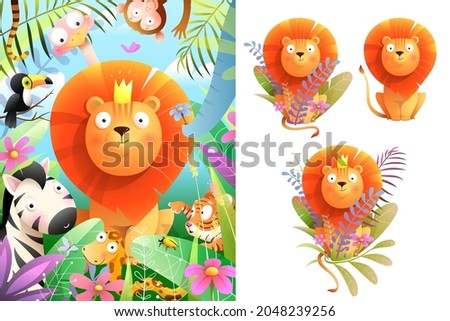African baby lion king in jungle nature watercolor style illustration for greeting card and clipart set for stickers. Kids little lion cartoon, animal character collection for kids, vector design.