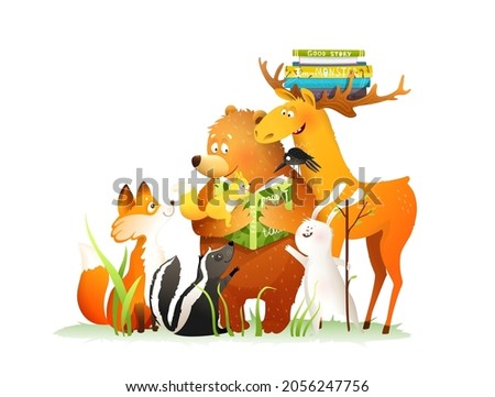 Bear reading a book story or fairy tale to forest animals as deer rabbit fox, baby squirrel and skunk. Vector fantasy illustration for children in watercolor style.