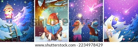 Magical winter collection with children and animals in woods. Starry night with forest in snow and shooting stars in the sky. Make a Christmas wish. Vector illustrations for seasonal greeting cards.