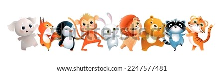 Baby bear tiger lion monkey penguin raccoon and squirrel jumping or dancing, cute animals illustration for kids. Children cartoon of funny happy smiling animals dance, isolated vector clipart.