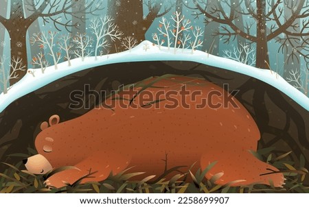Bear sleeping inside den in woods, teddy asleep in a burrow underground winter forest. Cute illustration for kids of teddy bear hibernating. Vector wallpaper illustration for children.