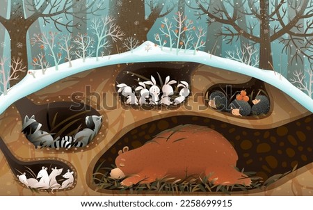 Forest animals sleeping in den and holes under trees in winter or spring, art for children. Bear, raccoon rabbits and mouse sleep in burrows. Cute animals wallpaper illustration for kids.