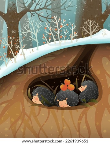 Hedgehog family sleeping or hibernating in a den or burrow. Cute hedgehog animal forest habitat illustration for children. Animals in the woods cute wildlife graphics. Vector drawing for kids.