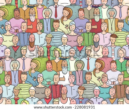 Smiling People Crowd Collective Portrait Seamless Pattern. Colorful men and women throng portrait. Vector illustration EPS8.