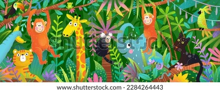 Wild Animals in Colorful African Jungle Horizontal Design for kids. Vibrant intricate collage illustration of African animals in vibrant rainforest. Vector surface design graphics for children.