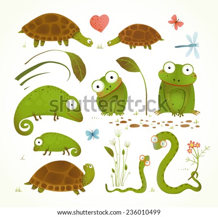 Cartoon Green Reptile Animals Childish Drawing Collection. Brightly colored childish frogs turtles snakes lizards grass leaves. Vector illustration.