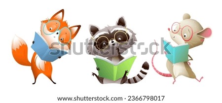 Cute baby raccoon, fox and a mouse wearing glasses reading a book, character design for children. Education, school and library colorful cartoon for kids. Vector animal in watercolor style.