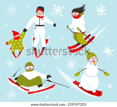Skier Snowboarder Snowflakes Winter Sport Set. Snowboarding and skiing winter season fun sport vector.