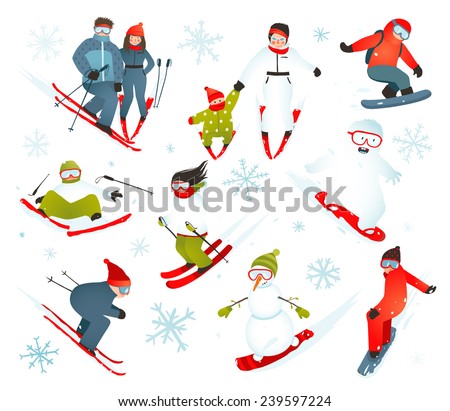 Skier Snowboarder Snowflakes Winter Sport Collection. Snowboarding and skiing winter season fun sport vector.