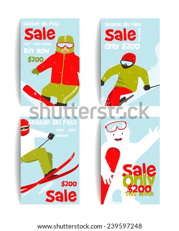 Mountain Skier Colorful Winter Sport Flyer Design Template. Snowboarding and skiing ski pass or sale flyers. Vector illustration.