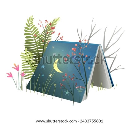 Cute open book in nature, standing like a tent. Reading and fairytale illustration of book with stars and moon on cover, kids clipart. Vector hand drawn illustration in watercolor style for children.