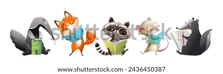 Cute animals reading books or study, hand drawn characters for kids. Library and literature cartoon for children with fox mouse raccoon and badger reading books. Vector animals clip art collection.
