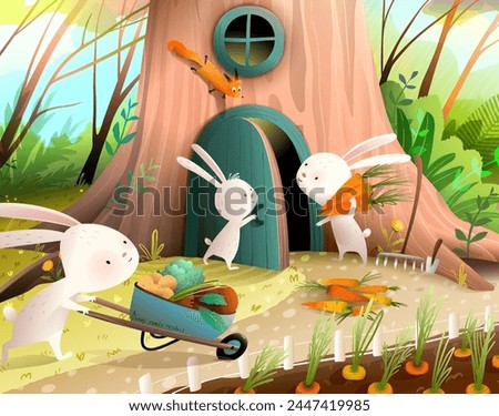 Rabbit or bunny family gardening together, autumn vegetable harvest and produce. Forest animals tree house and garden fairytale for children. Vector book illustration for kids story about rabbits.