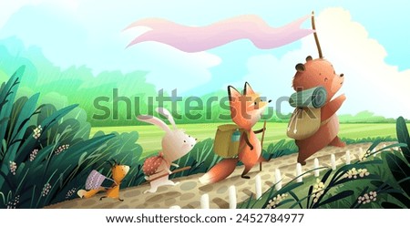 Bear fox squirrel and bunny on a journey in scenic rural path in forest landscape. Animal characters backpack adventures. Vector in watercolor colors for children book tales, summer exploration.