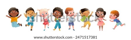 Group of elementary or kindergarten little children. Diverse multinational school children. Happy school kids boys and girls of different race. Vector characters clipart illustration isolated.