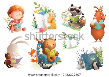 Animals reading books and studying big clipart collection. Animals and kids characters reading books. Cartoons for school education and library. Vector characters clip art collection for children.