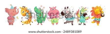 Cute birthday animals party and fun, playing with toys. Elephant, zebra, giraffe parrot hippo zebra and lion greeting characters for children event. Vector clip art illustration collection for kids.