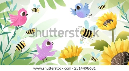 Magic summer garden background with birds bees and sunflowers for kids. Cute frame design for children with copy space, empty in the middle. Vector illustration in watercolor style.