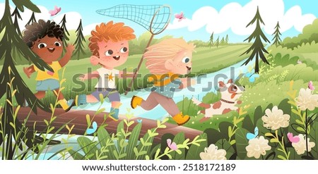 Kids playing in forest nature running and crossing river on a wooden log. Happy children in wild nature landscape catching butterflies, summer fun. Vector cartoon woodland scenery wallpaper for kids.