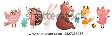 Collection of forest animals, character design for children, Cute Bear funny hedgehog and quirky fox, pig owl and rabbit collection. Vector animals design for kids, cartoon isolated clip art.