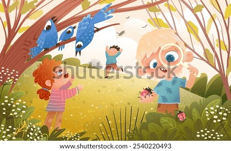 Little kids play in forest and study nature environment. Boy watch bugs with magnifying glass. Girl play with Birds. Children biology education, learning nature and animals. Vector kids illustration.