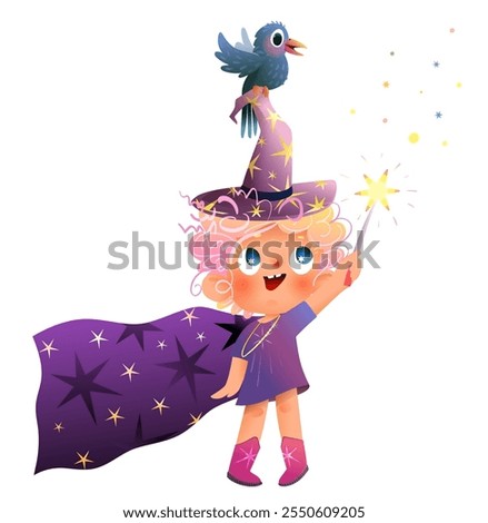 Little witch doing magic, kids character design for kids story. Girl wearing magician costume doing magic with sparkling shiny magic wand. Colorful fairy tale vector clip art graphics for children.