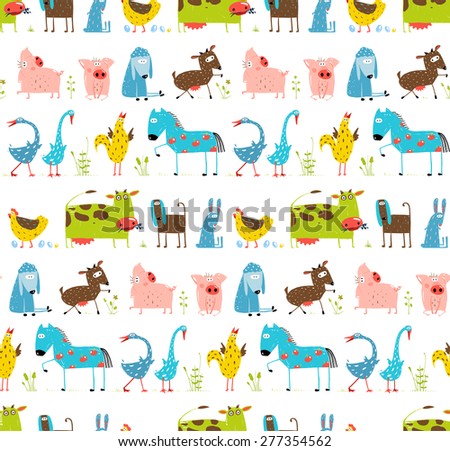 Bright Fun Cartoon Farm Domestic Animals Seamless Background. Countryside amusing baby animals pattern for children. Vector EPS10.